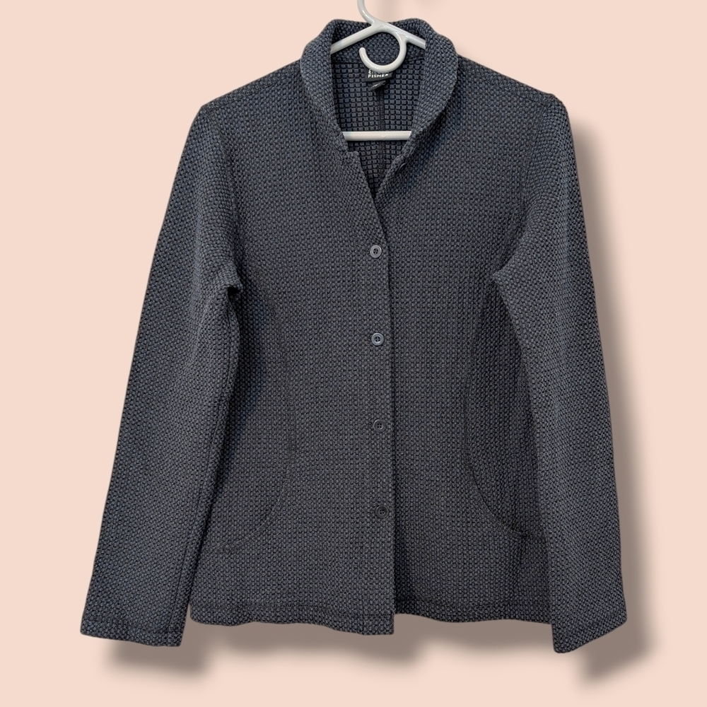 Eileen Fisher Vintage Navy Blue Textured Waffle Knit Collared Button-Up Jacket